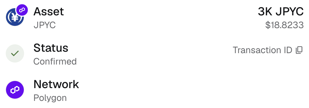 MetaMaskの着金通知。3K JPYC、Confirmed、Polygon