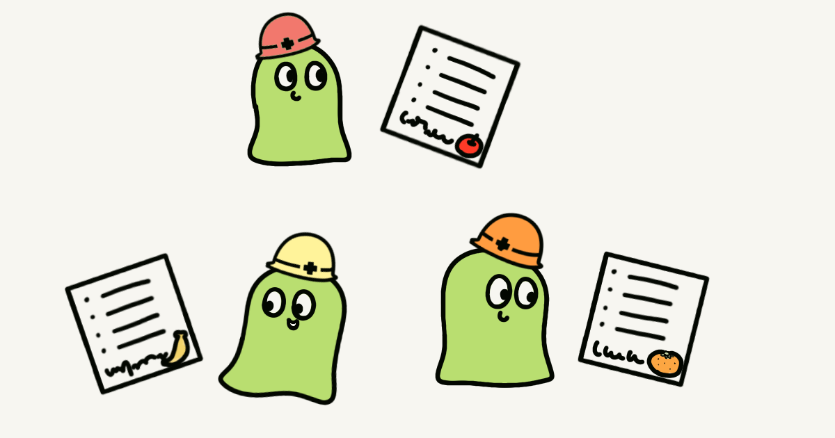ヘルメットをかぶった緑のキャラクター3人が、それぞれ自分の下書きページを持っているイラスト