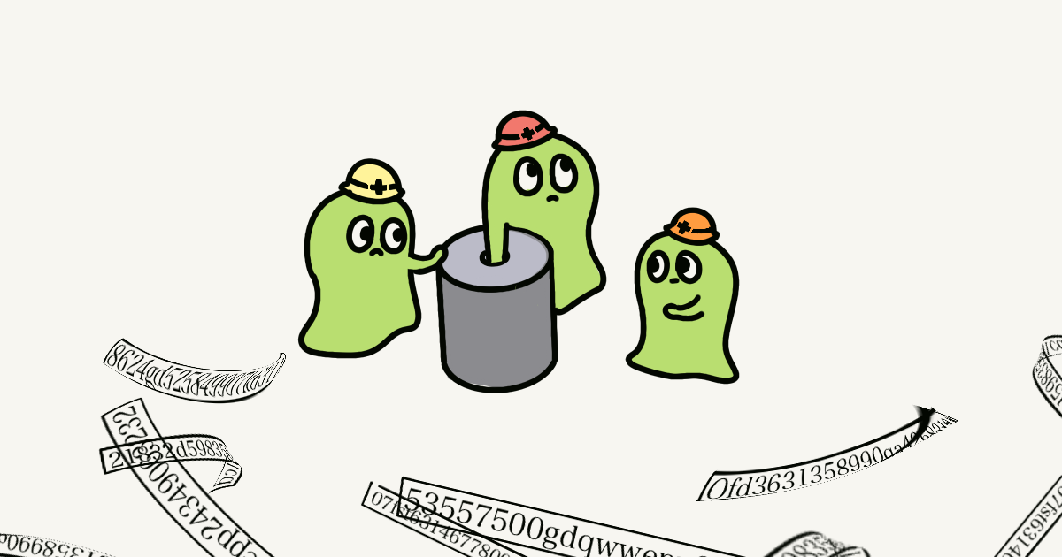 ヘルメットをかぶった緑のキャラクター3人が、くじ引きの箱に手を入れているイラスト。まわりにはハッシュ値が書かれたくじの紙が散らばっている