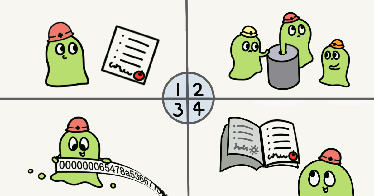 マイニングの流れを4コマで描いたイラスト。下書きを用意する、くじ引きをする、当たりを引く、帳簿に新しいページが綴じられる