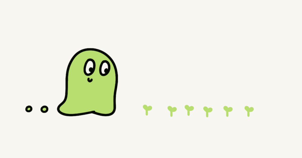 緑のキャラクターと、一列に並んだ小さな新芽のイラスト